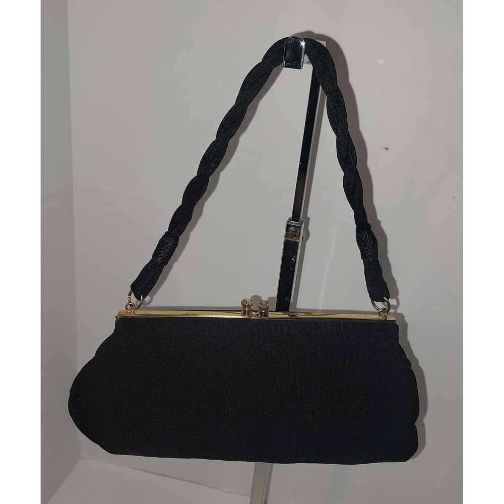 Vintage Frilo Black Evening Bag w/ Rhinestone Kiss Lock